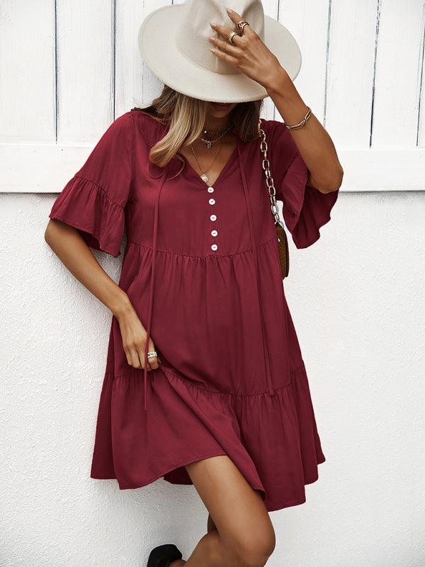 Midi Jurk met V-hals en Luchtige Mouwen - Mini Dresses - Jurkjes.co