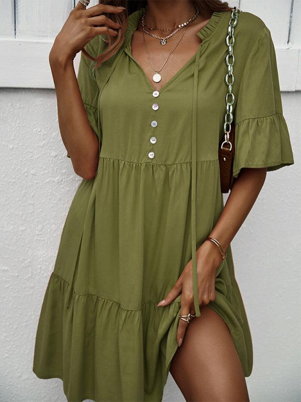 Midi Jurk met V-hals en Luchtige Mouwen - Mini Dresses - Jurkjes.co