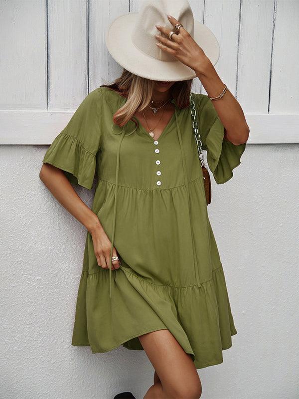 Midi Jurk met V-hals en Luchtige Mouwen - Mini Dresses - Jurkjes.co