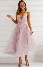 Midi Jurk met V-hals en Mesh Rok - Maxi Dresses - Jurkjes.co