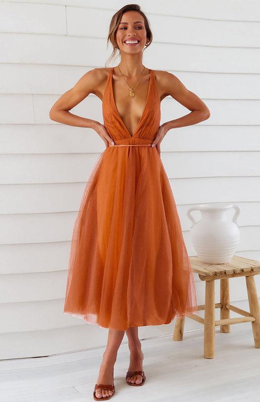Midi Jurk met V-hals en Mesh Rok - Maxi Dresses - Jurkjes.co