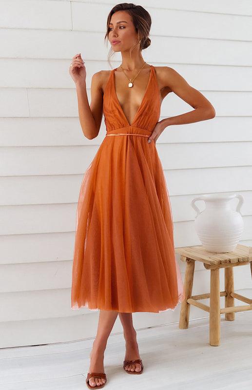 Midi Jurk met V-hals en Mesh Rok - Maxi Dresses - Jurkjes.co