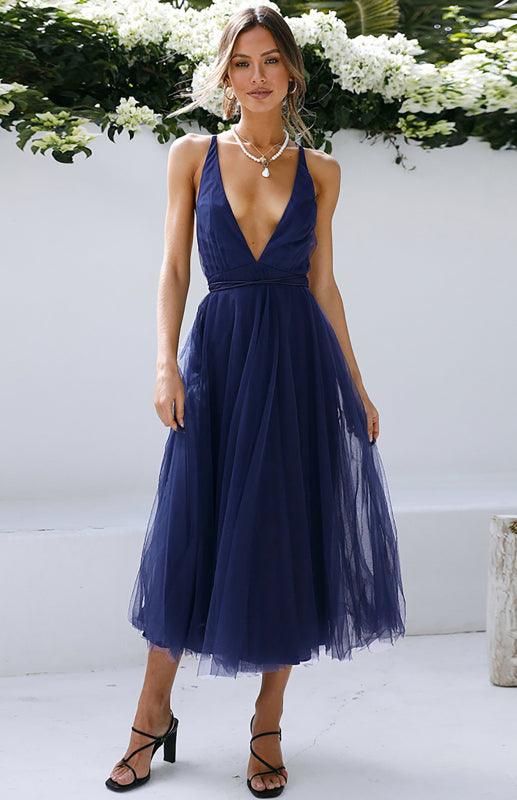 Midi Jurk met V-hals en Mesh Rok - Maxi Dresses - Jurkjes.co