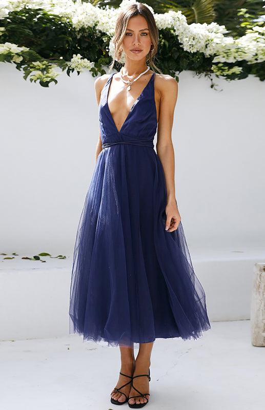 Midi Jurk met V-hals en Mesh Rok - Maxi Dresses - Jurkjes.co