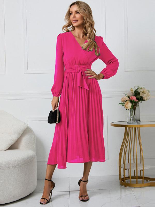 Midi Jurk met V-hals en Plooirok - Maxi Dresses - Jurkjes.co