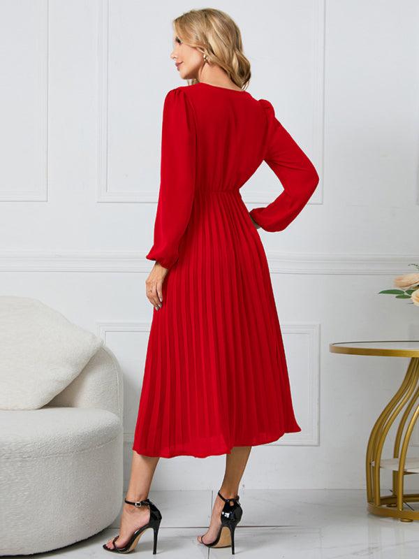 Midi Jurk met V-hals en Plooirok - Maxi Dresses - Jurkjes.co