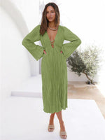 Midi Jurk met V-hals en Plooirok - Midi Dresses - Jurkjes.co