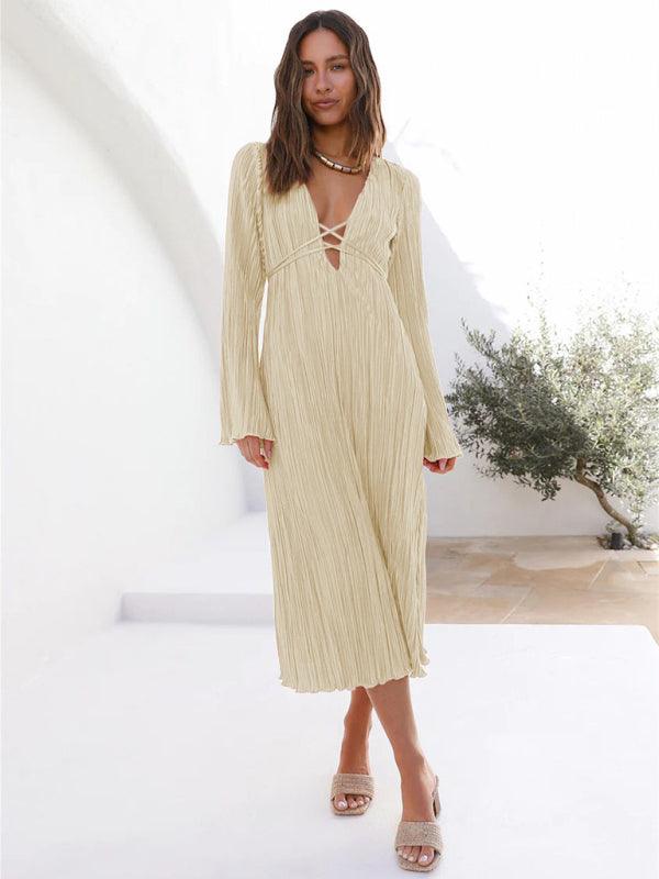 Midi Jurk met V-hals en Plooirok - Midi Dresses - Jurkjes.co