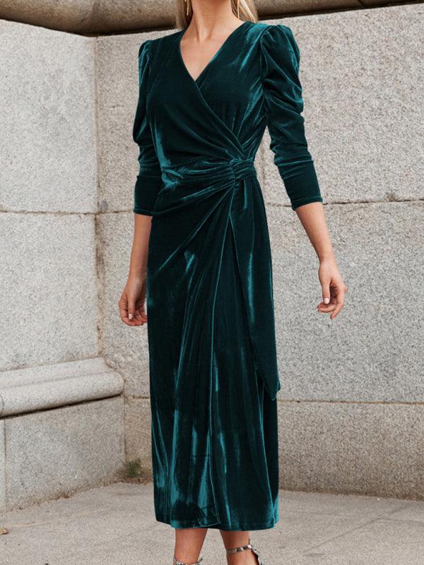 Midi Jurk met V-hals en Pofmouwen - Maxi Dresses - Jurkjes.co