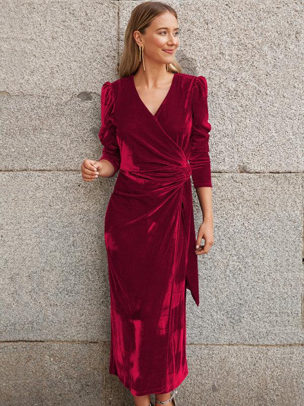 Midi Jurk met V-hals en Pofmouwen - Maxi Dresses - Jurkjes.co