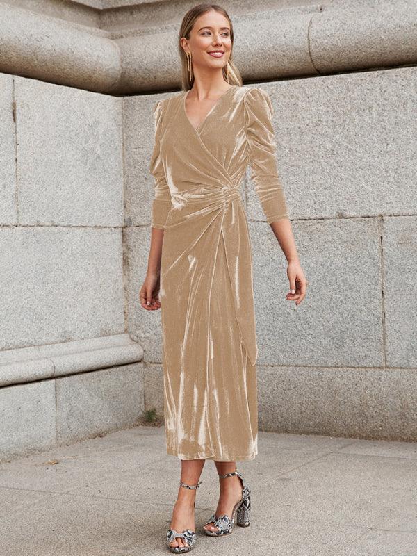 Midi Jurk met V-hals en Pofmouwen - Maxi Dresses - Jurkjes.co