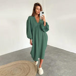 Midi Jurk met V-hals en Pofmouwen - Women Summer Dress - Jurkjes.co
