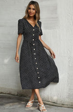 Midi Jurk met V-hals en Polka Dots - Midi Dresses - Jurkjes.co