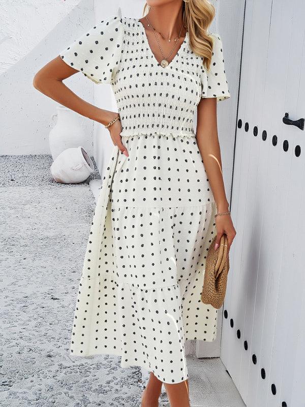 Midi Jurk met V-hals en Polkadot Print - Midi Dresses - Jurkjes.co