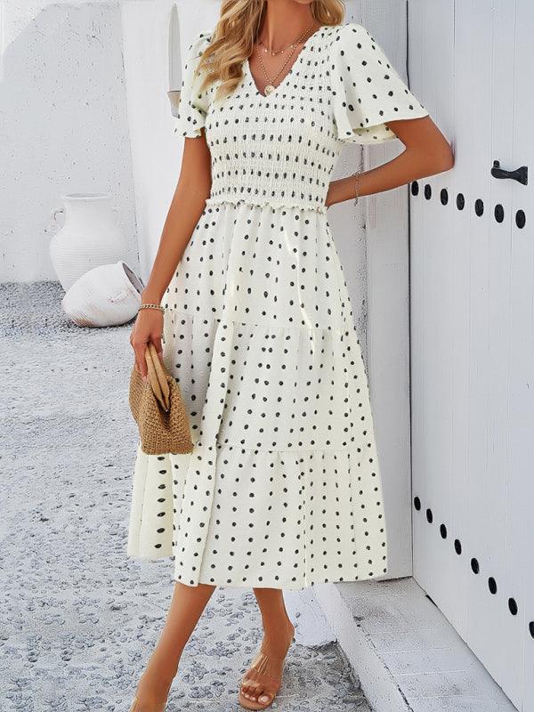Midi Jurk met V-hals en Polkadot Print - Midi Dresses - Jurkjes.co
