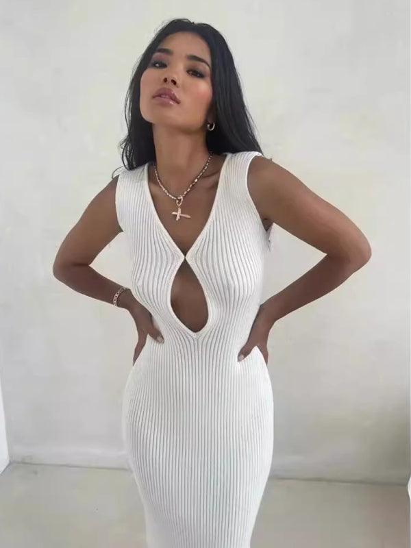 Midi Jurk met V-hals en Ribbelstructuur - Group5 - Jurkjes.co