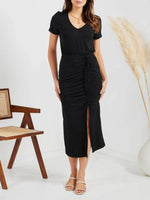 Midi Jurk met V-hals en Rimpelkoord - Midi Dresses - Jurkjes.co