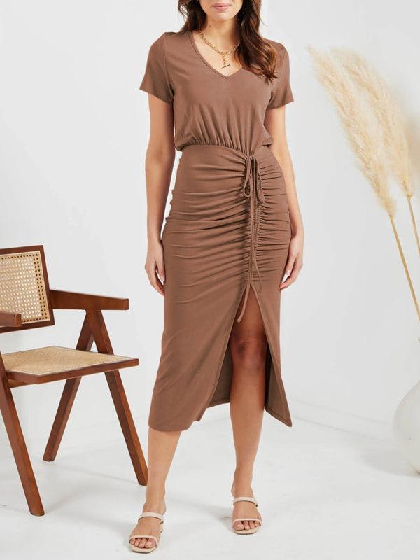 Midi Jurk met V-hals en Rimpelkoord - Midi Dresses - Jurkjes.co