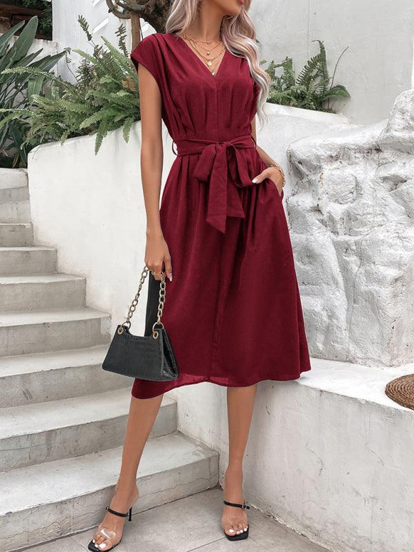 Midi Jurk met V-hals en Tailleband - Midi Dresses - Jurkjes.co