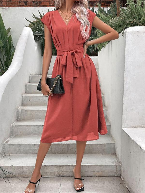 Midi Jurk met V-hals en Tailleband - Midi Dresses - Jurkjes.co