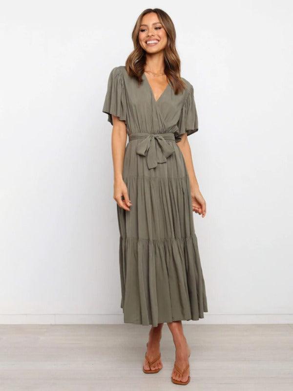 Midi Jurk met V-hals en Taillekoord - Midi Dresses - Jurkjes.co
