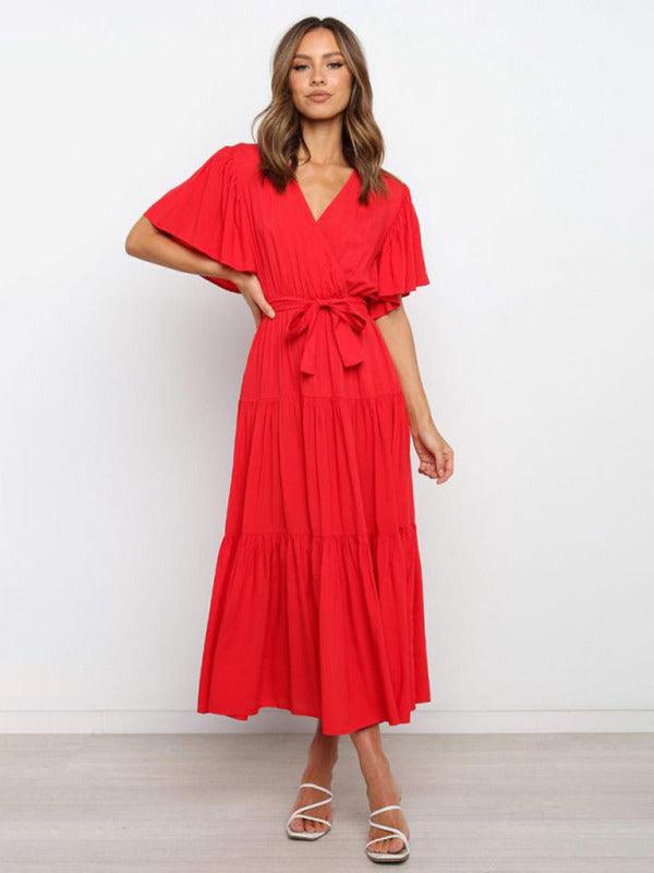 Midi Jurk met V-hals en Taillekoord - Midi Dresses - Jurkjes.co