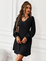 Midi Jurk met V-hals en Textuur Stof - Mini Dresses - Jurkjes.co