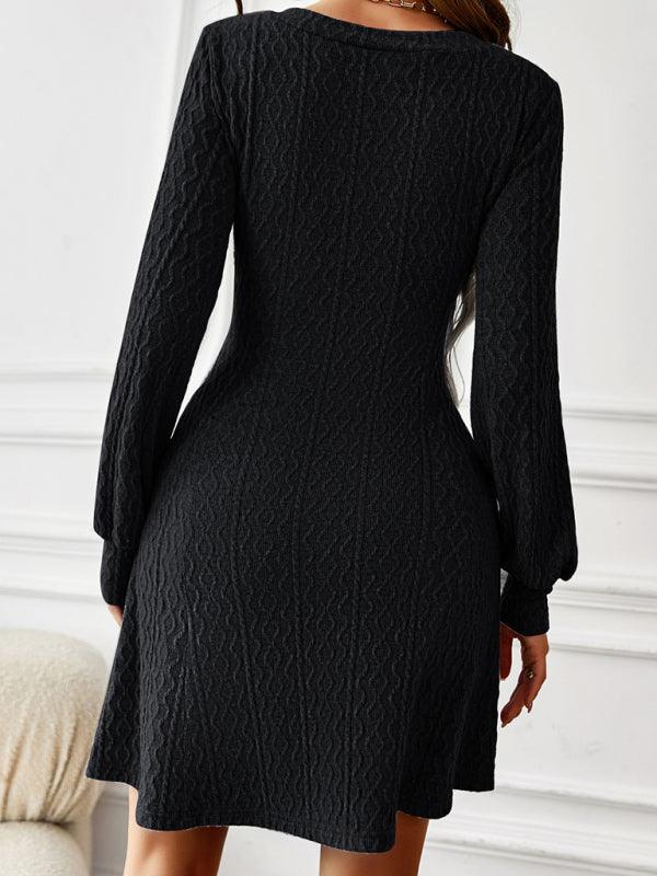 Midi Jurk met V-hals en Textuur Stof - Mini Dresses - Jurkjes.co