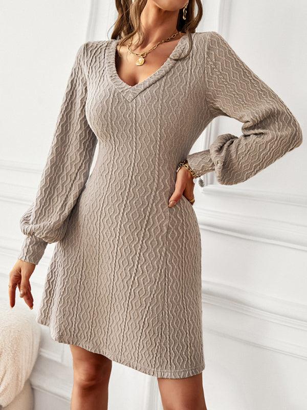 Midi Jurk met V-hals en Textuur Stof - Mini Dresses - Jurkjes.co