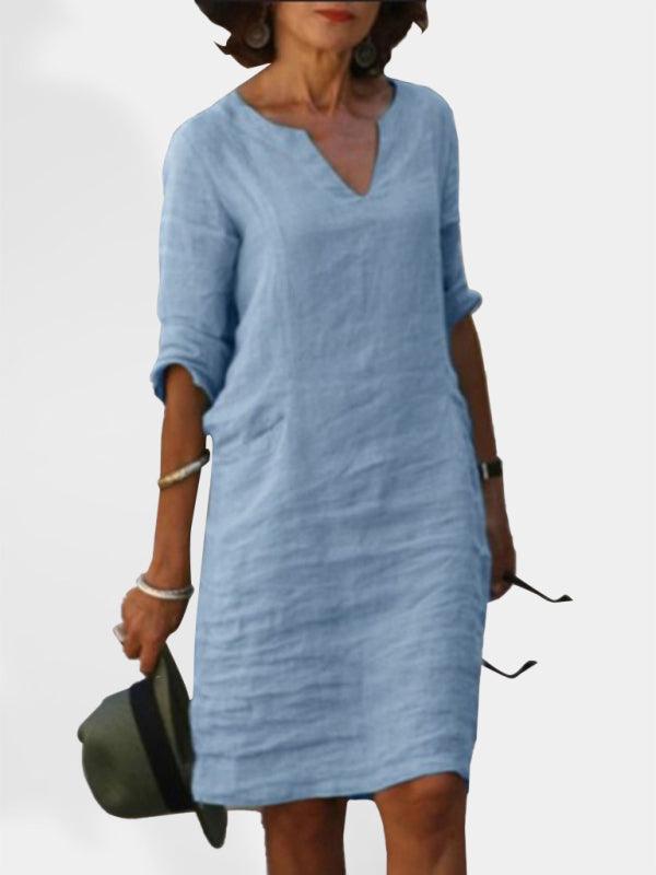 Midi Jurk met V-hals in Effen Kleur - Midi Dresses - Jurkjes.co