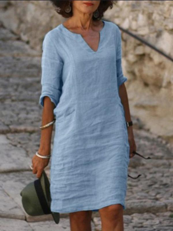 Midi Jurk met V-hals in Effen Kleur - Midi Dresses - Jurkjes.co
