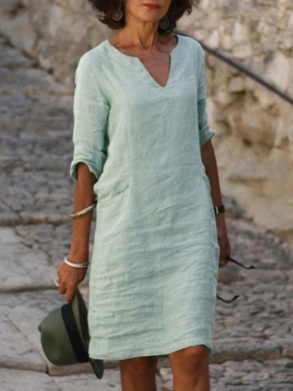 Midi Jurk met V-hals in Effen Kleur - Midi Dresses - Jurkjes.co