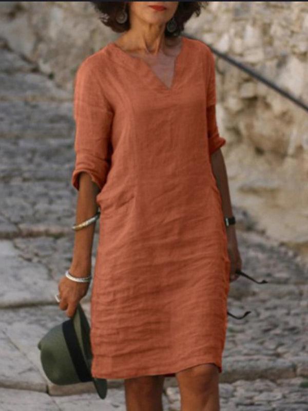 Midi Jurk met V-hals in Effen Kleur - Midi Dresses - Jurkjes.co