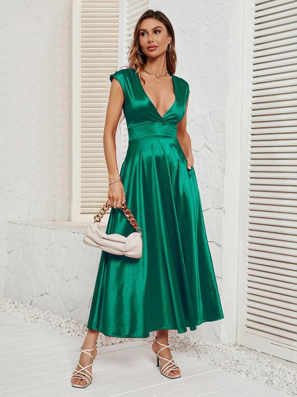 Midi Jurk met V-hals in Satijn - Maxi Dresses - Jurkjes.co