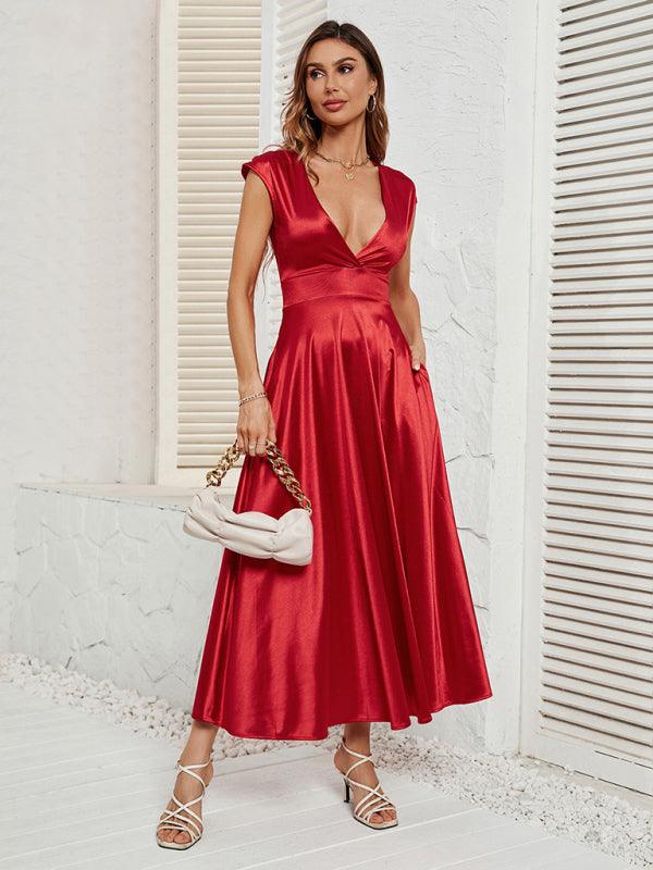 Midi Jurk met V-hals in Satijn - Maxi Dresses - Jurkjes.co