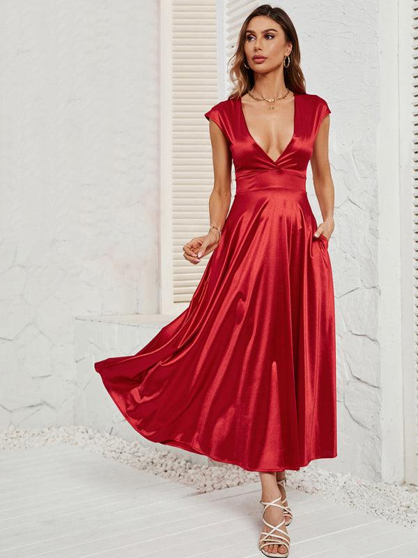 Midi Jurk met V-hals in Satijn - Maxi Dresses - Jurkjes.co