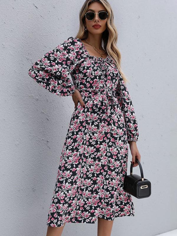 Midi Jurk met Vierkante Hals en Bloemenprint - Midi Dresses - Jurkjes.co