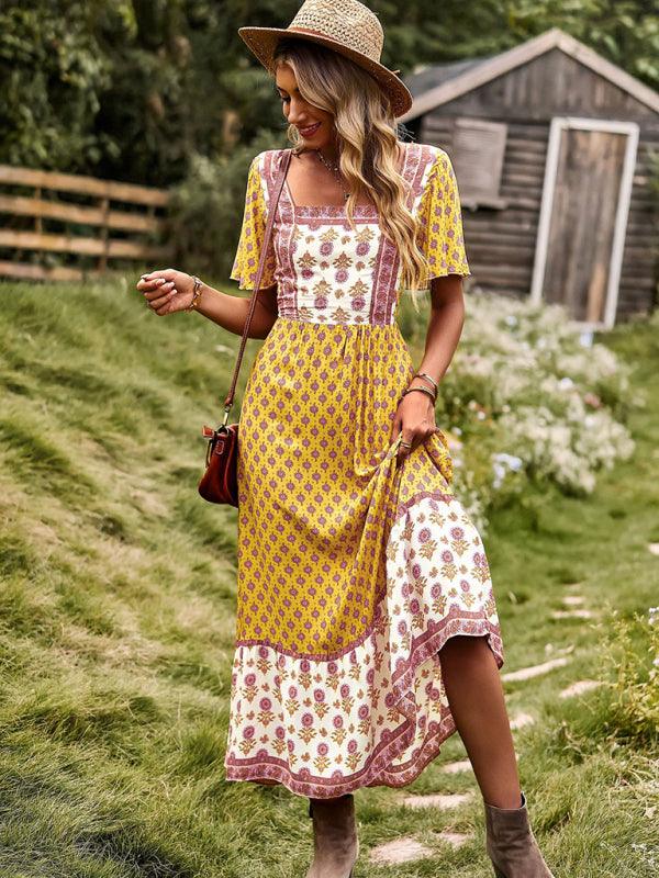 Midi Jurk met Vierkante Hals en Bloemenprint - Midi Dresses - Jurkjes.co