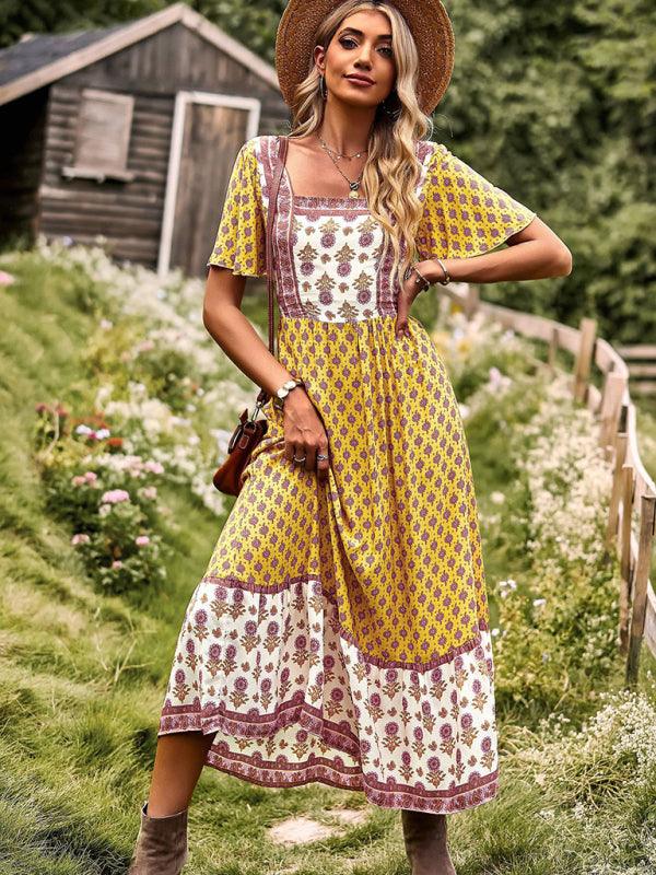 Midi Jurk met Vierkante Hals en Bloemenprint - Midi Dresses - Jurkjes.co