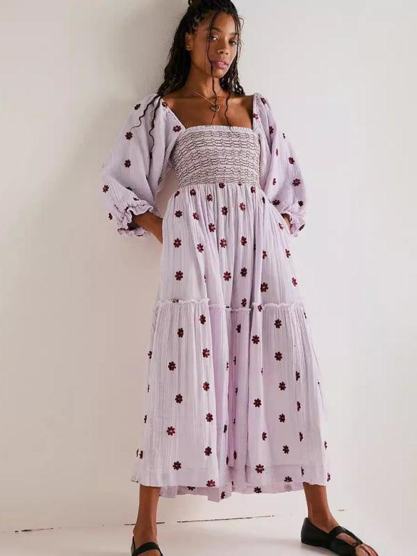 Midi Jurk met Vierkante Hals en Borduursel - Maxi Dresses - Jurkjes.co