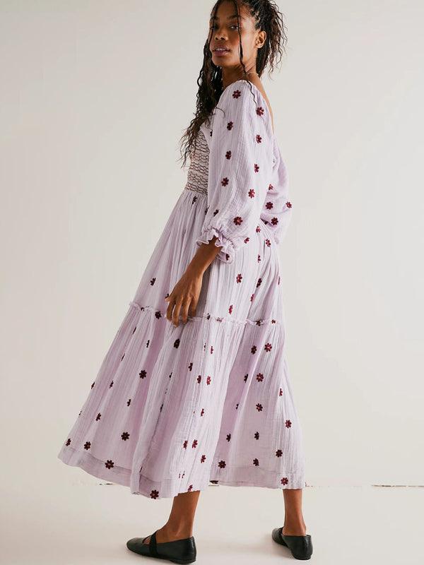 Midi Jurk met Vierkante Hals en Borduursel - Maxi Dresses - Jurkjes.co