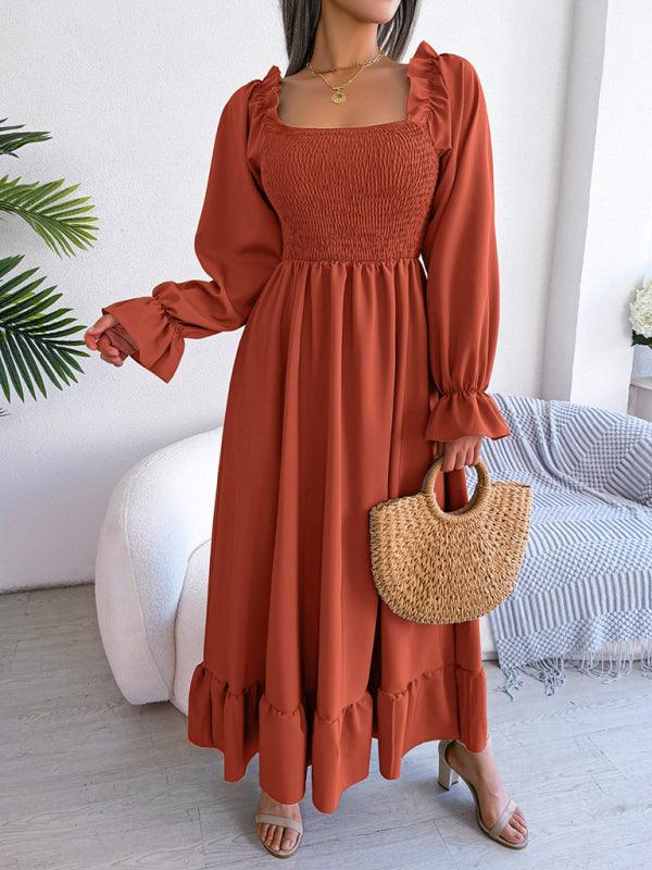 Midi Jurk met Vierkante Hals en Plooirok - Maxi Dresses - Jurkjes.co