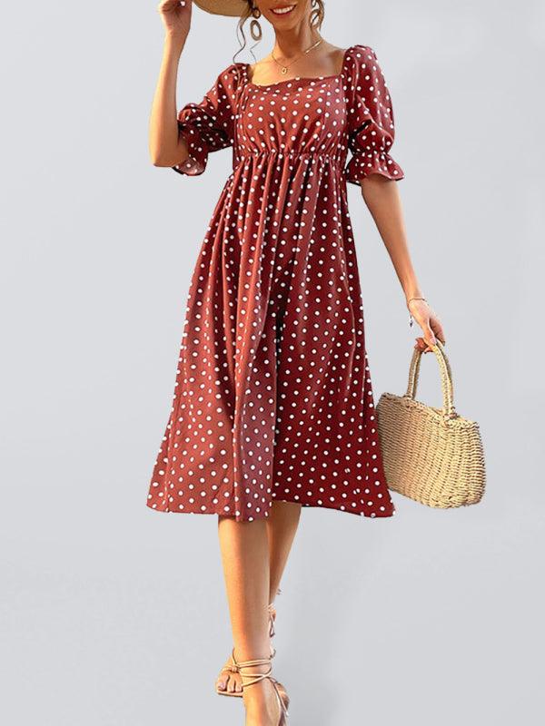 Midi Jurk met Vierkante Hals en Polka Dots - Midi Dresses - Jurkjes.co
