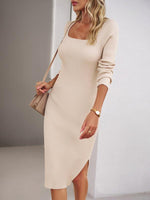 Midi Jurk met Vierkante Hals en Ribbeldessin - Group4 - Jurkjes.co