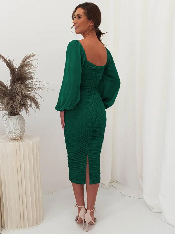 Midi Jurk met Vierkante Hals en Rimpels - Midi Dresses - Jurkjes.co