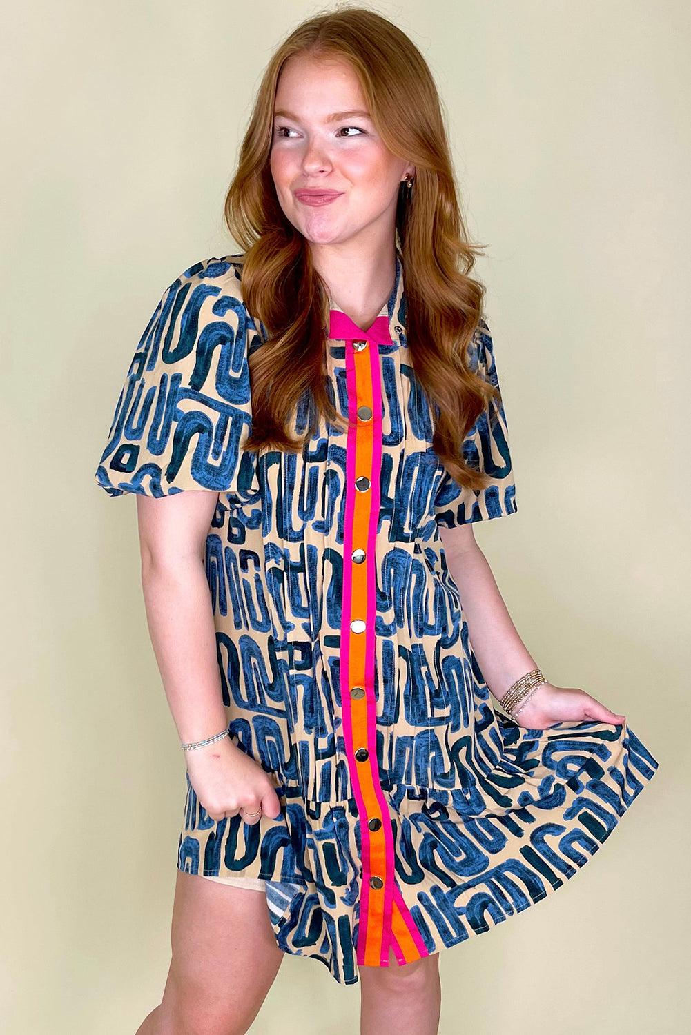 Mini Jurk met Abstracte Print en Knoopsluiting - Mini Dresses - Jurkjes.co