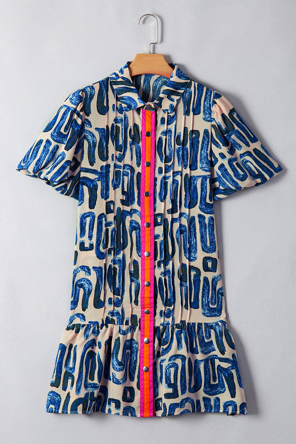 Mini Jurk met Abstracte Print en Knoopsluiting - Mini Dresses - Jurkjes.co