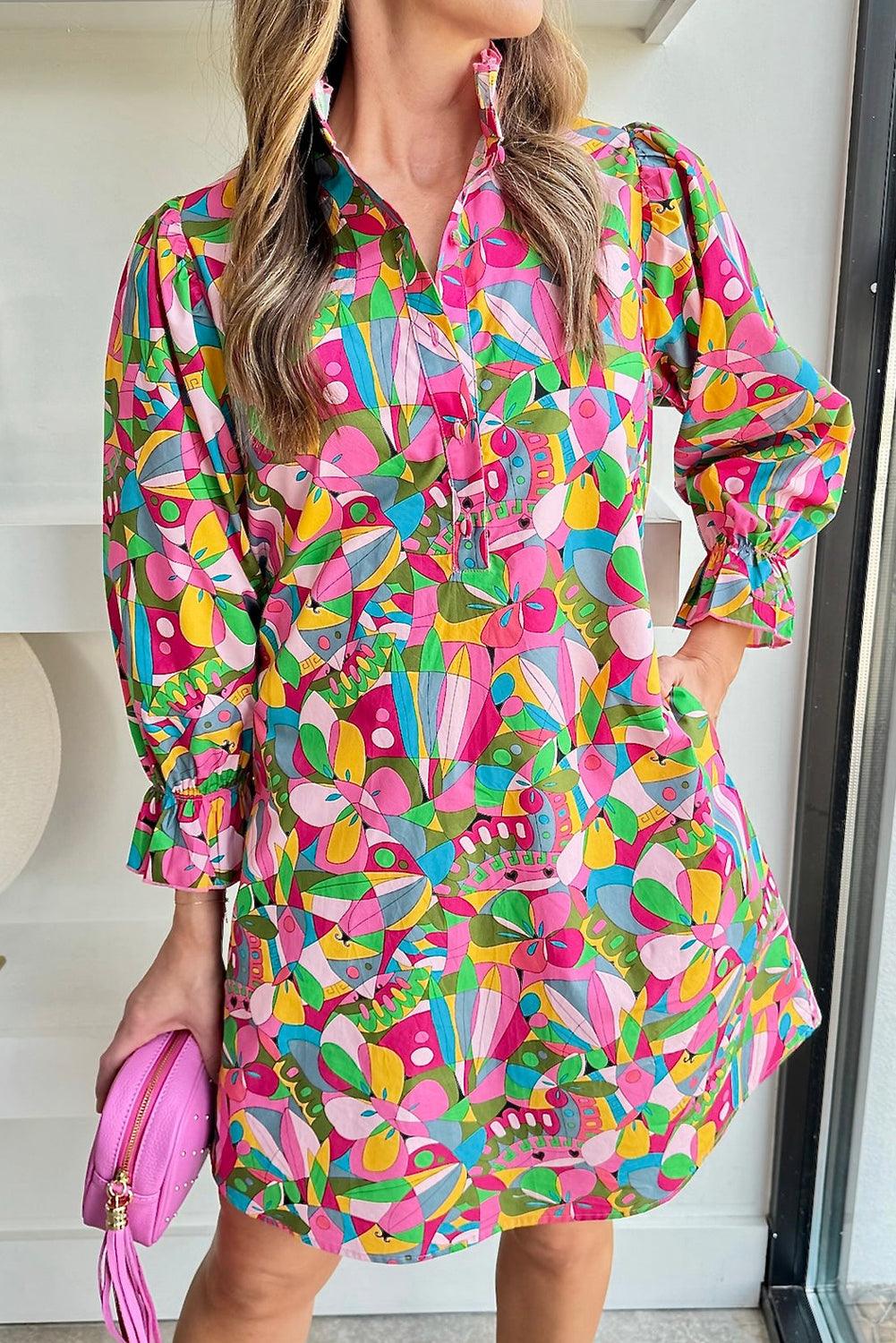 Mini Jurk met Abstracte Print en Lange Mouw - Mini Dresses - Jurkjes.co