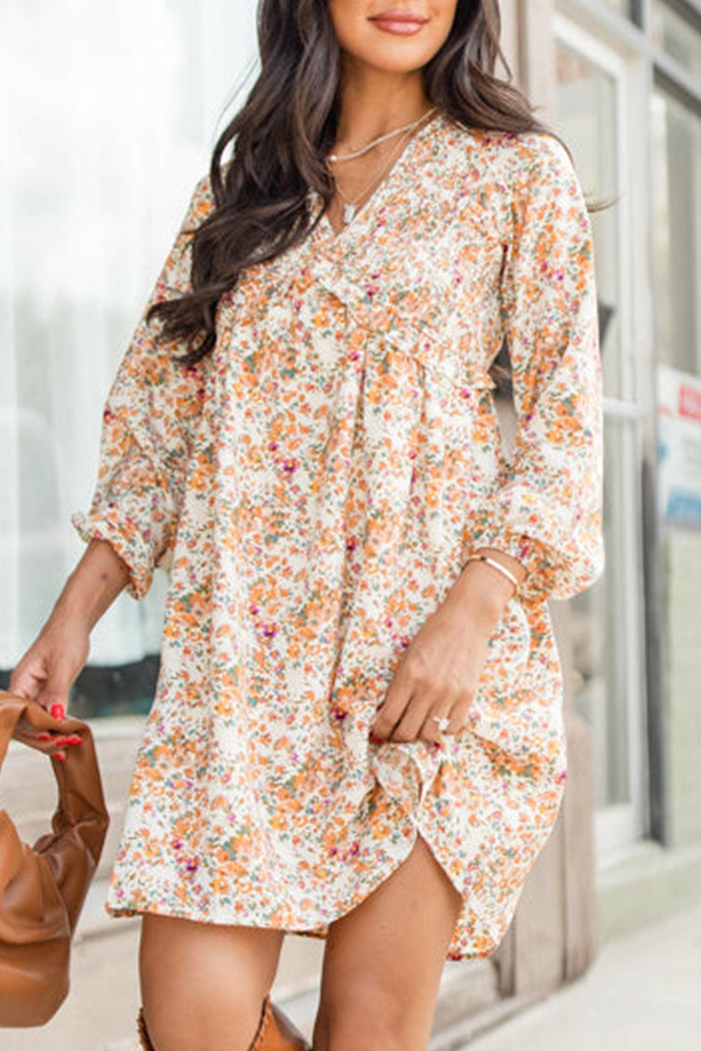 Mini Jurk met Bloemenprint en Ruches - Floral Dresses - Jurkjes.co