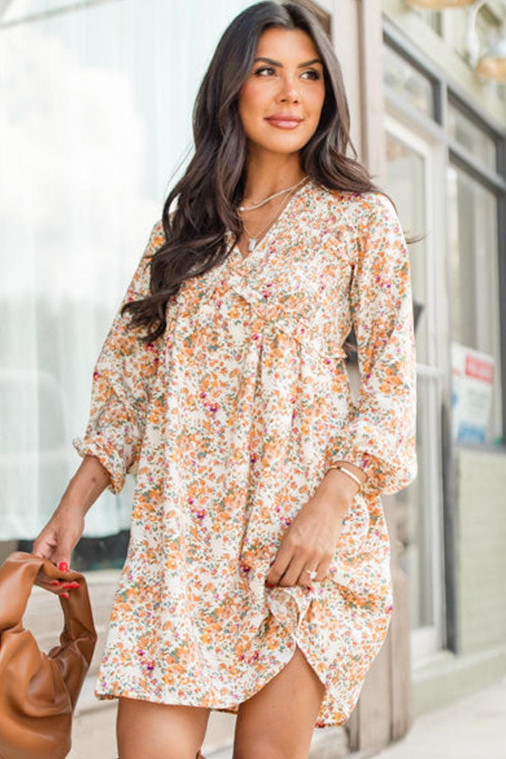 Mini Jurk met Bloemenprint en Ruches - Floral Dresses - Jurkjes.co